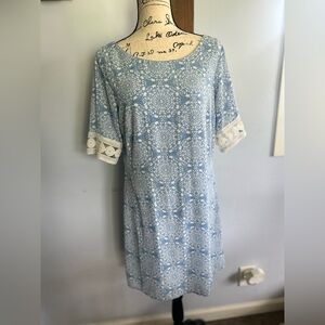 Luxology tunic midi dress floral print lace hem coastal‎ bohemian festive